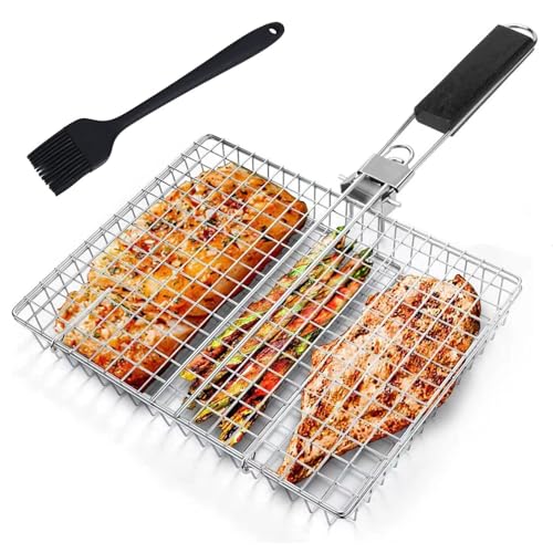 Grillkorb Edelstahl mit Holzgriff - 32 * 22.5 * 4cm Große Edelstahl-Grillkorb für Camping & BBQ, Faltbare BBQ Grill Mesh Klemme mit Oxford-Tasche Tragbarer Fischgrillgitter für Fisch, Gemüse, Garnelen