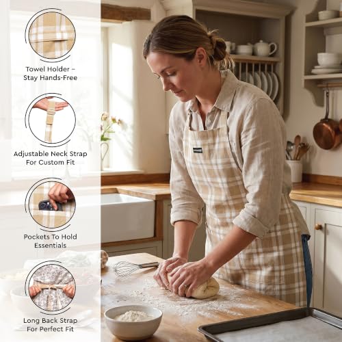 Image of Encasa XO 100% Cotton Apron Set for Women & Men with Adjustable Apron, Oven Gloves & Pot Holder (Pack of 3) Combo, Heat-Resistant, Soft & Durable for Cooking, Baking & Grilling (Franca Beige Checks)