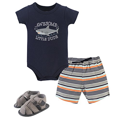 Image of Hudson Baby Unisex Baby Cotton Bodysuit, Shorts and Shoe Set