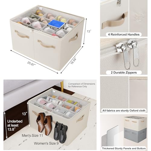 Shoe-Organizer-for-Closet-Foldable-Shoe-Box-with-Adjustable-Dividers-and-Clear-Cover-Space-Saving-Shoe-Storage-Organizer-Cabinet-with-Reinforced-Handles-Fits-16-Pairs-Beige-TP09Y Shoe Organizer for Closet Foldable Shoe Box with Adjustable Dividers and Clear Cover Space Saving Shoe Storage Organizer Cabinet with Reinforced Handles Fits 16 Pairs Beige TP09Y