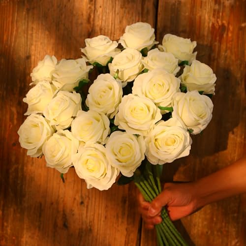 JUSTOYOU 20 PCS White Rose Artificial Flower,Silk Blooming Rose with Stem,Artificial Rose Bouquet Realistic Flower for Home Table Office Party Wedding Garden Arrangements(Blossom Roses white) - Image 2