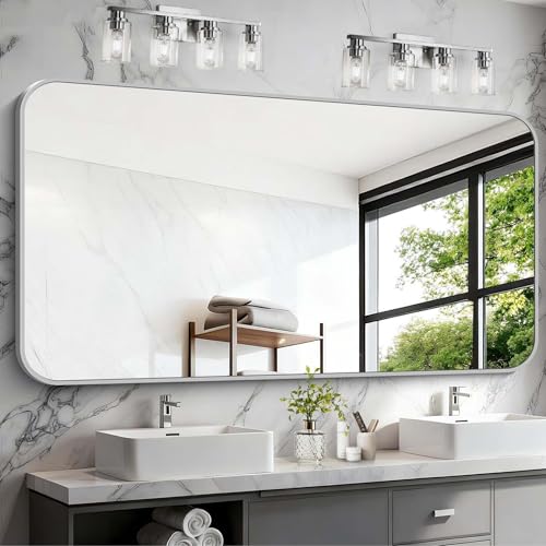 Image of Silver Bathroom Mirror, 72 x 36 Inch Large Rectangle Mirror, Rectangular Vanity Mirror Aluminum Metal Frame, Rounded Corner Wall Mirror for Living Room Bedroom Entryway Horizontal /Vertical