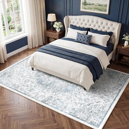 Tapis lavable en machine 240x340cm bleu antidérapant doux