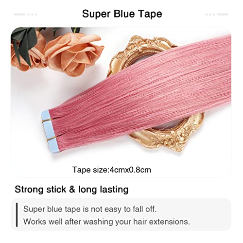 Image of SUYYA Tape In Hair Extensions Human Hair 16 Inch Hot pink | Remy Human Hair, Invisible Skin Weft, Soft & Silky Straight Hair, 10PCS 20G, Seamless Blend, Add Length & Volume