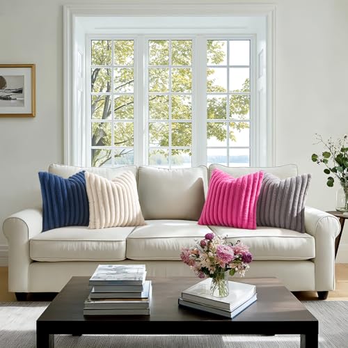 Image of MIULEE Faux Fur Decorative Throw Pillow Covers 18x18 Set of 2 Hot Pink | Retro Vintage Boho Spring Home Decor Soft Plush Couch Pillows Cozy Fluffy Cushion Covers for Sofa Bed Living Room