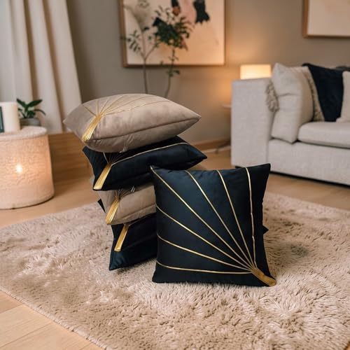 Image of Home Velvet Cushion Cover with Golden Stripes, Aqua Pack of 5, 16x16 to 26x26 Inch (Mouse /Black, 22x22in)