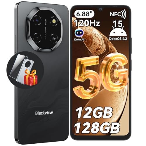 Blackview SHARK 6 Smart Phone, 5G Sim-Free & Unlocked Mobile Phones, 6.88 120Hz Display, 12GB+128GB/2TB, Android 15 Phone 16MP+8MP AI Camera, 5000mAh/18W, Fingerprint/Eye Comfort Mode, GPS/OTG/NFC