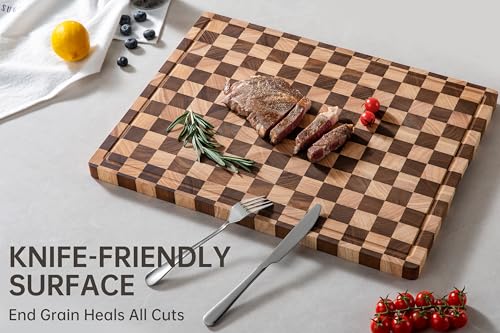 Image of THETCHRY Cutting Boards for Kitchen, Extra Large Chopping Board for Stovetop, Checkered Acacia Wood Cutting Board with Juice Grooves, Butcher Block with Gift Box, 20 inch x 15 inch x 1 inch