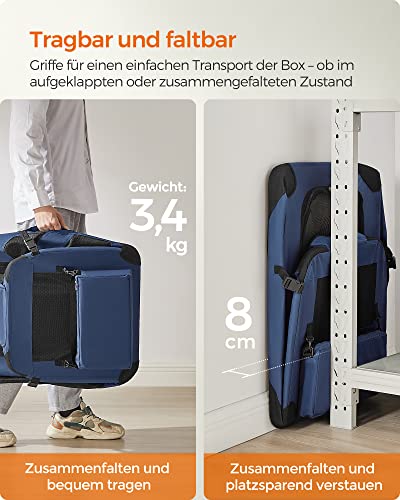 Feandrea Hundebox faltbar, Transportbox Hund, L, Hundetasche, Oxford-Gewebe, Netzstoff, atmungsaktiv tragbar transportabel, Metallrahmen, mit Griffen, Taschen, 70 x 52 x 52 cm, dunkelblau PDC70Z