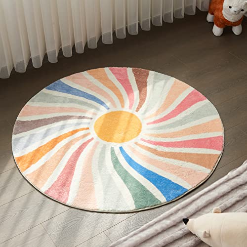 Topotdor Sun Rainbow Round Rug,Colorful Boho Kids Rug Ultra Soft Washable Nursery Rug For Bedroom Perschool Classroom,47 Inch Round thumb #7