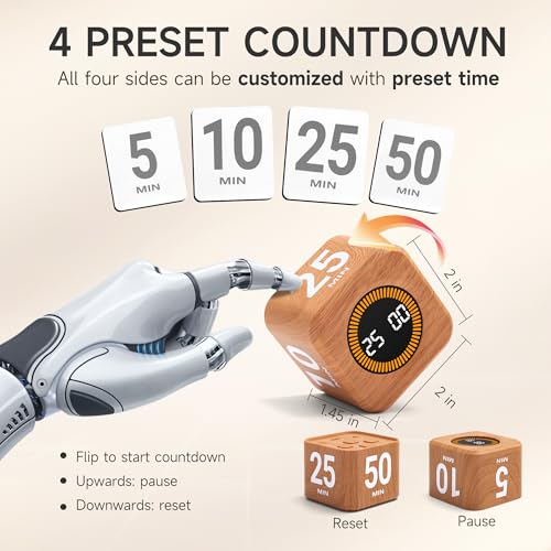 Exlliy Rotating Productivity Timer 5, 25, 10, 50 Minutes Preset, Desk Cube w/Gravity Sensor for ADHD, Mute Functions, Ideal for Work, Study, Kitchen, Back to School (1, Wood Grain Finish) - Image 3