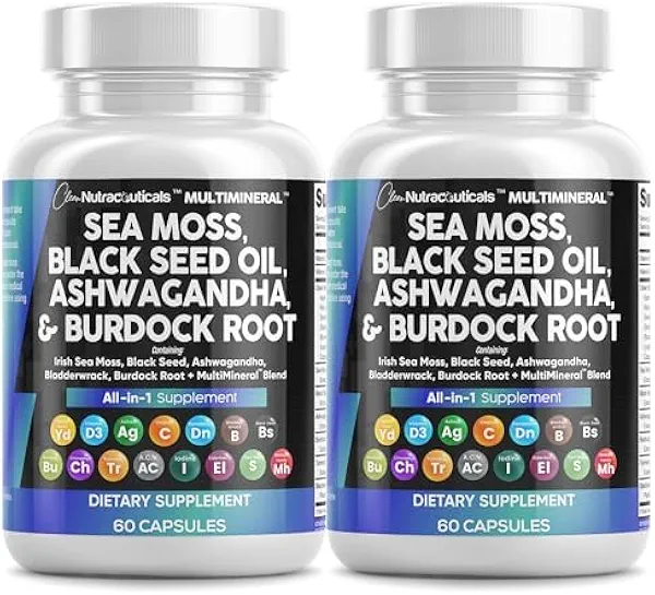 Clean Nutraceuticals Sea Moss Black Seed Oil Ashwagandha Turmeric Bladderwrack Burdock & Vitamin C Vitamin D3 with Elderberry Manuka Dandelion Yellow Dock Iodine Chlorophyll ACV - 2Pack