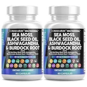 Clean Nutraceuticals Sea Moss Black Seed Oil Ashwagandha Turmeric Bladderwrack Burdock & Vitamin C Vitamin D3 with Elderberry Manuka Dandelion Yellow Dock Iodine Chlorophyll ACV – 2Pack