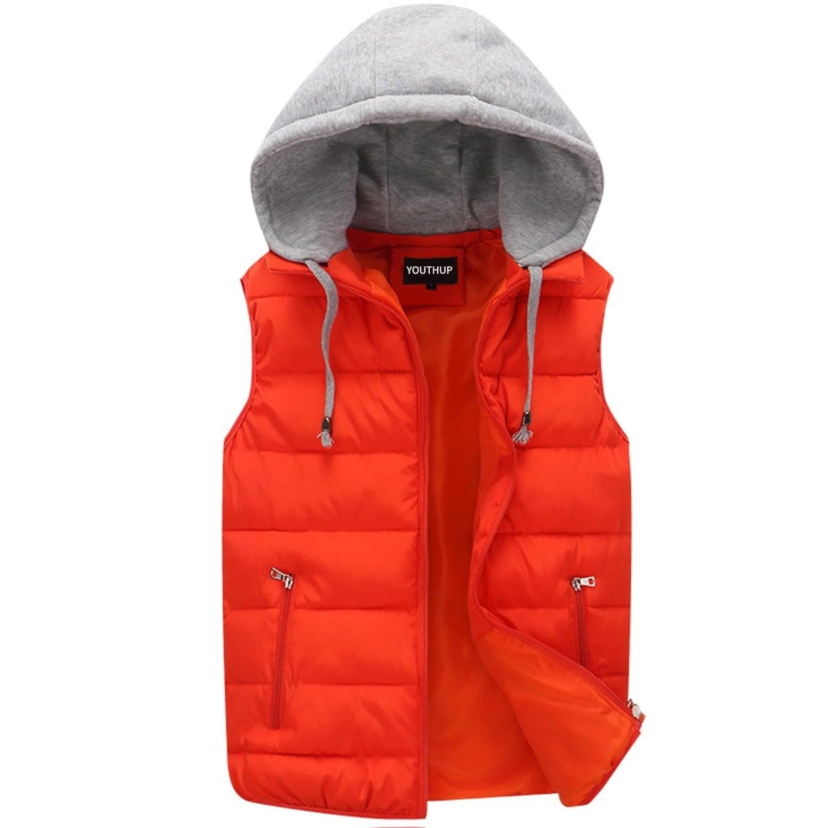 YOUTHUP Men's Outwear Gilets Winter Padded Gilet with Hood Thick Puffer Quilted Body Warmer Sleeveless Jacket Orange, L