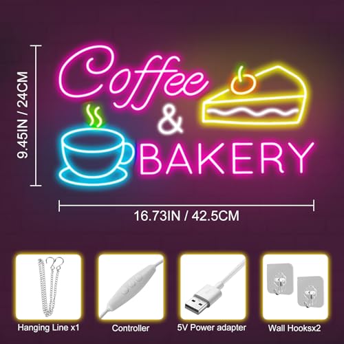 Image of Coffee & Bakery Neon Sign, Open Cake Bakery And Coffee Shop Neon Light,Cake Bakery Wall Decor for family party birthday, kitchen coffee bar dhop restaurant hotel decoration weddings & retail decor