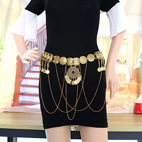 Vintage Flower Turquoise Chain Belts Silver Pear coin Pendant Metal Waist Belt Western Body Jewelry for for Women Dress Vest Jeans for Waistline 25-45inch (Gold Plated)2