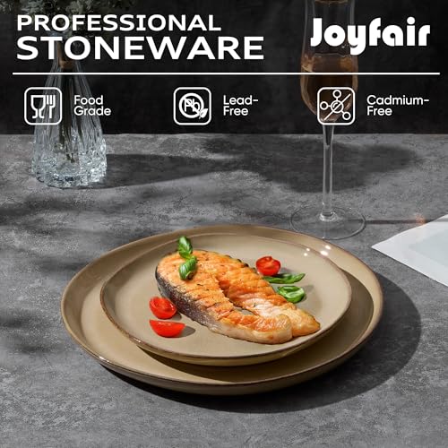 Joyfair Dinner Set, 12 Pieces Stoneware Dinnerware Set Service for 4, Reactive Glaze Irregular Shape Plates and Bowls, Chip & Scratch Resistant, Microwave & Dishwasher Safe, Sandy Khaki - Image 4