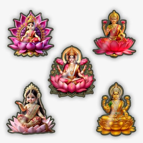 Stick Store Inspirational Religious Sticker Laxmi Ji Pack of 5 Glossy Waterproof Vinyl Stickers 2.8x2.8 Inch Laptop Stickers, Water Bottle Stickers, Phone Case Decals, Skateboard & Bike Stickers