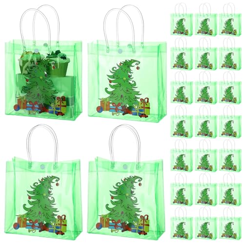 SilTriangle 24 Pcs Clear Christmas Tree Gift Bags Bulk Christmas Green Reusable PVC Candy Goodie Treat Bags with Handles for Xmas Winter Holiday Party Favor Supplies 8 x 8 x 3.15 Inch