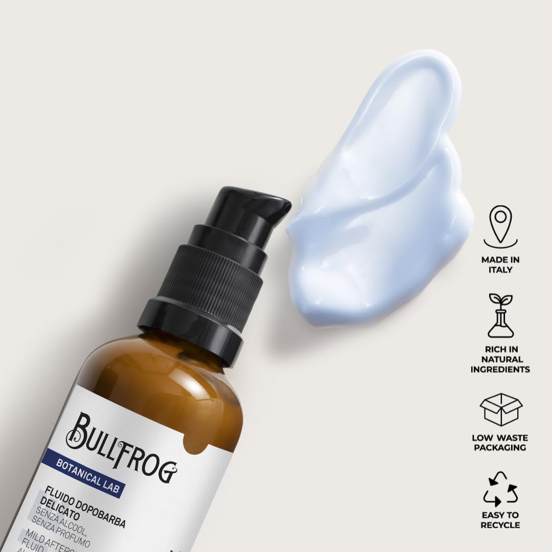 Bullfrog - Fluido Dopobarba Delicato – Dopobarba Lenitivo e Idratante per Pelli Sensibili, 96,3% Ingredienti Naturali, Senza Alcol e Senza Profumo, Assorbimento Rapido, 75 ml