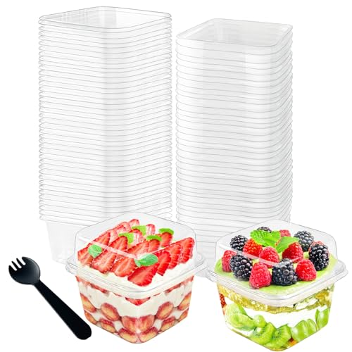 100Pcs 8oz Plastic Dessert Cups with Lids and Spoons Disposable Parfait Cup Square Cake Containers for Party Favor Mousse Yogurt Pudding Snacks Fruits 50 Sets