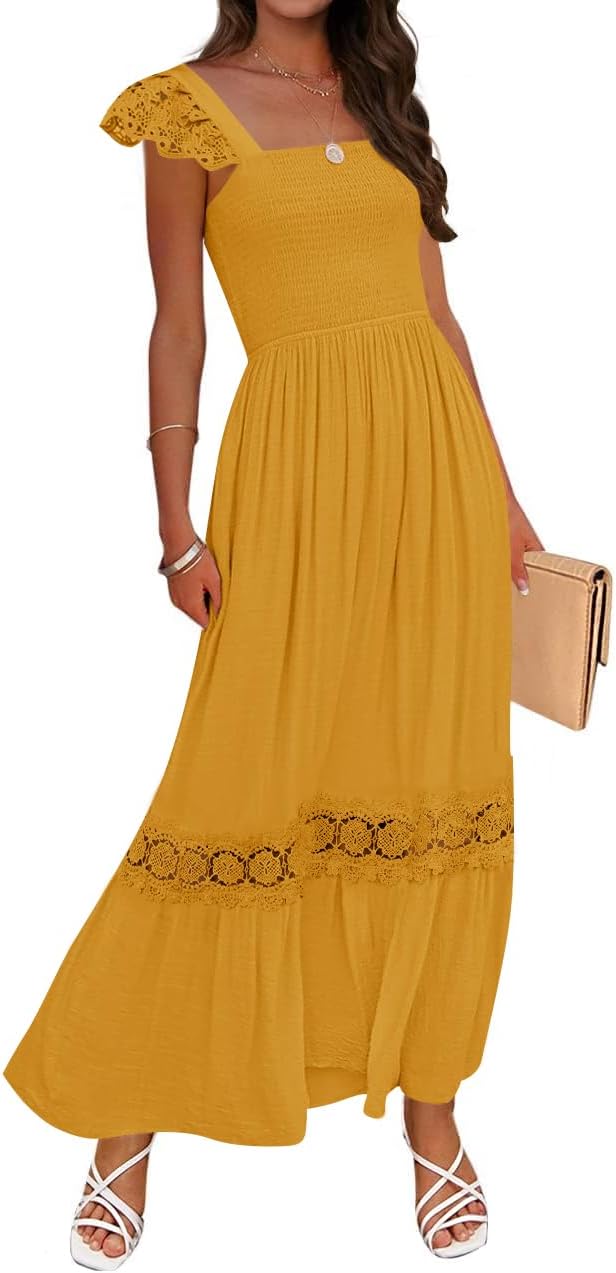 ZESICA Women's 2025 Summer Lace Strap Sleeveless Square Neck Smocked High Waist Ruffle Hollow Out Flowy A Line Maxi Dress