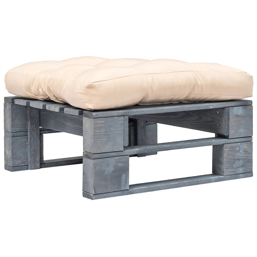 Ottoman de jardin en bois gain de place résistant gris et coussin sable amovible pour petit balcon cosy
