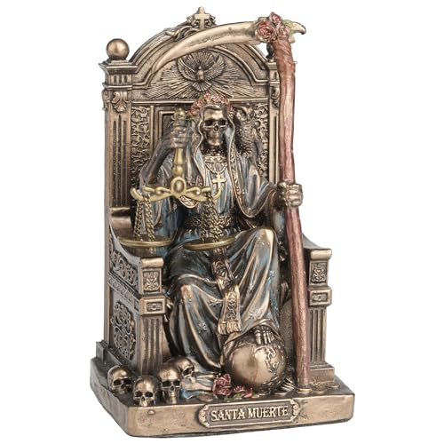 Veronese Design 3 3/8 Inch Santa Muerte Seating On Throne Holding Scythe and Scale Polystone Hand Painted Bronze Finish Collectible Figurine Home Decor