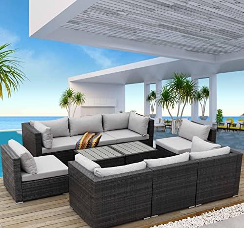NICESOUL® Large Size PE Rattan Outdoor Patio Furniture Sectional Sofa Sets with Side Tables Outdoor Wicker Conversation Sets Modern Luxury (Gray, 10 Pieces Sectional)