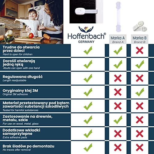 Hoffenbach Zabezpieczenie szafki i szuflad, 8 x zabezpieczenie szafki do przyklejenia dla niemowląt i dzieci, zabezpieczenie szuflady, zamek do szafy, bez wiercenia