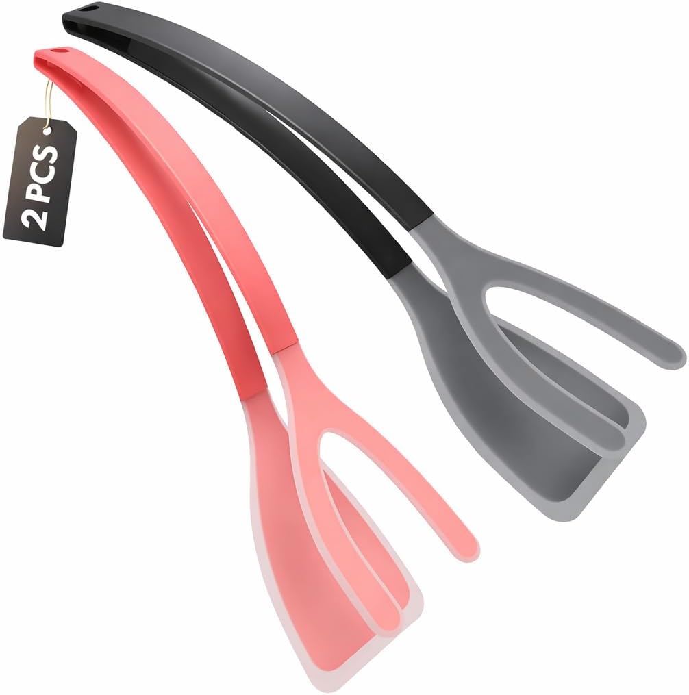 Silicone Spatula Tongs Set of 2 – Heat Resistant 2-in-1 Grip & Flip Non-Stick Cooking Tongs for Pancakes, Eggs, Fish & More – Silicone Kitchen Tool Set (Black & Red)