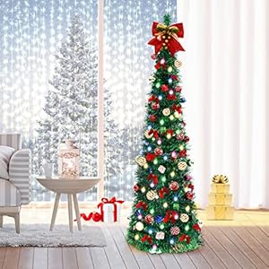 Pop Up Christmas Tree, 5FT Collapsible Christmas Tree with 30 LED Multicolor Lights, Tinsel Pencil Tree with Ball Bowknot Gift Box for Indoor, Party, Xmas, Home,Office Decor
