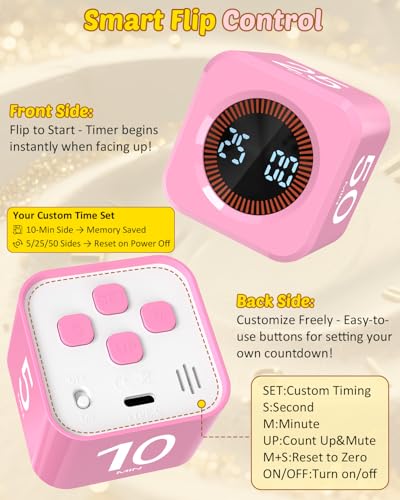 Image of Pomodoro Timer Cube Visual Productivity Flip Timer for Kids Classroom Desk, 5 /10 /25 /50min& Custom Countdown, Silent&Sound Mode Digital Cube for ADHD Study Work School Game Kitchen (Pink)