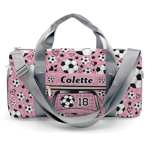 Personalized Sport Soccer Balls Team Pink Dance Bag Girls with Name,Travel Duffel Bag Women Cheerleader Bag Sport Duffle Bag for Gym Carry on Bag