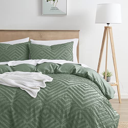 Image of Nestl Boho Duvet Cover Set - Textured Queen Bedding, 3 Piece Tufted Green Duvet Cover w /Zipper Closure, 90x90 Inch & 2 Pillow Shams