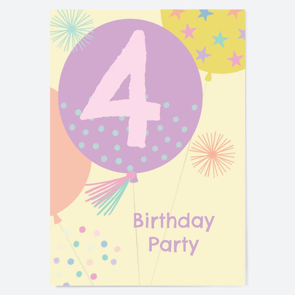 Dotty about PaperKids Birthday Invitations - Girls Party Balloons Age 4 - Pack of 10 (24 0051)