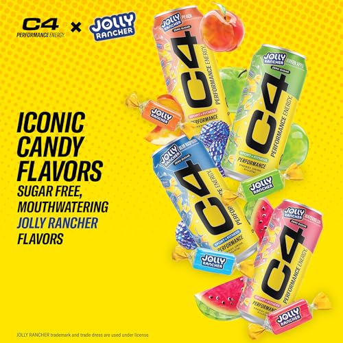 Cellucor C4 Performance Energy Drink | JOLLY RANCHER Watermelon | Zero Sugar Carbonated Preworkout Energy | 200mg Caffeine with Beta Alanine | 16 Fl Oz (12 Pack)