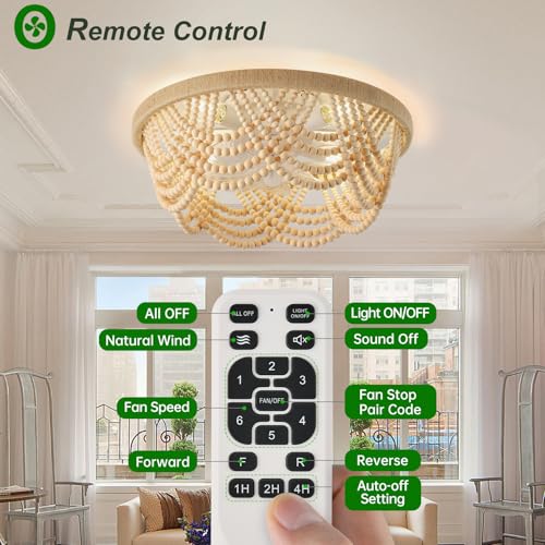 Image of Ceiling Fans with Lights and Remote - Bulbs Included, Caged Fandelier with Handcrafted Beaded Decor 19 Inches Reversible Flush Mount Installation Ceiling Fan, Wood