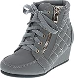 Link Peggy-63K Children Girl's Wedge Heel Lace Up Diamond Shape Quilted Sneakers,Grey,3