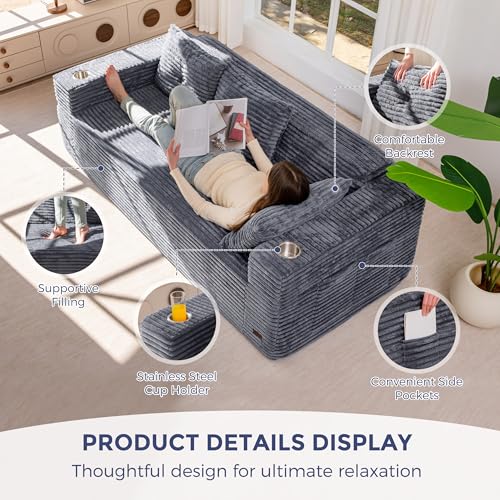 Image of MAXYOYO 79 inch Oversized Boneless Loveseat Sofa Couch for Small Spaces, Mini Love Seat Floor Couch with Cup Holders and Pillows, 3-Seater Upholstered Cloud Couch for Bedroom, No Assembly Required
