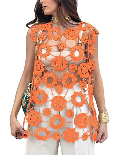 Yimoon Womens Hollow Out Floral Lace Vest Sleeveless Long Crochet Cover Up Crewneck Going Out Tops