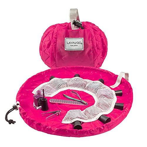 Lay-n-Go Nail Spa Drawstring Cosmetic Acrylic Nail Polish Holder, Organizer & Toiletry Bag for Travel, and Daily Use with a Durable Patented Design, 18 inch, What A Doll (Pink)