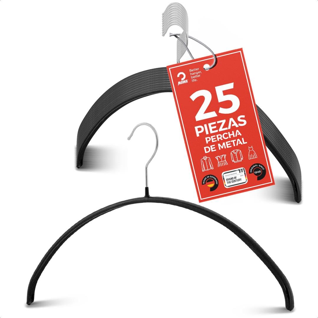 MAWA Perchas, Set de 25 Perchas Ahorra Espacio y Antideslizantes, Ideales para Camisetas y Suéteres, Gancho Giratorio 360°, Revestimiento Antideslizante, 40 cm, Negro