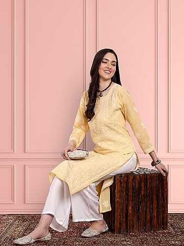 Image of Ada Women's Cotton Straight Fit Straight Hand Embroidered Lucknowi Chikankari Kurta Kurti A411165