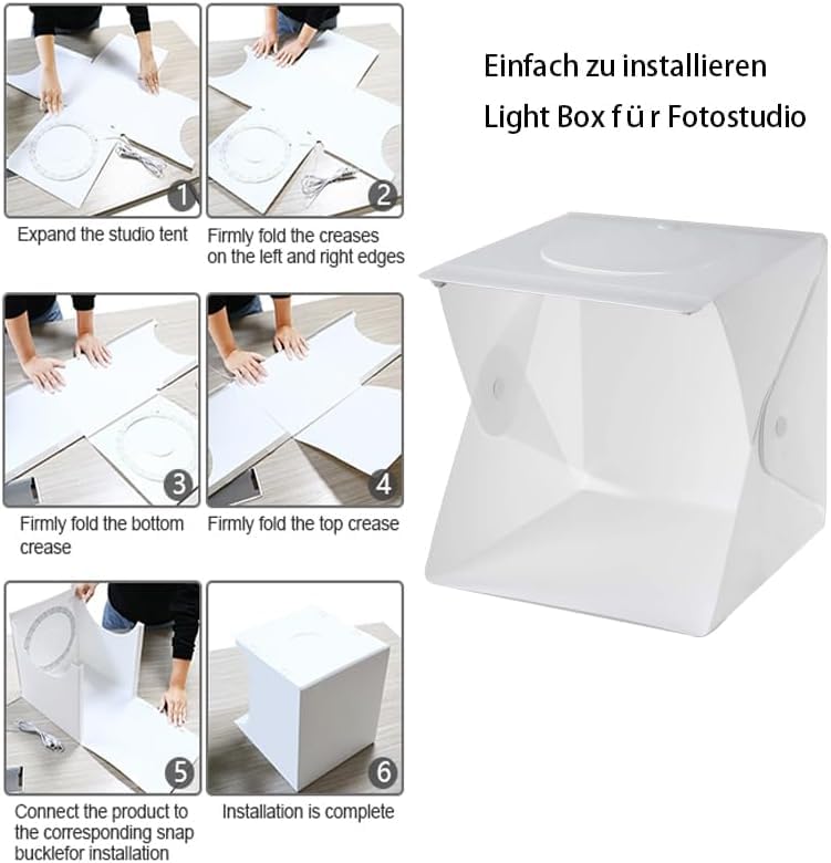 Scatola fotografica pieghevole 20 x 20 cm, 5500 K, set con 3 luci a colori regolabili con illuminazione a 144 LED e 6 sfondi fotografici del prodotto, per gioielli e fotografia di piccole parti
