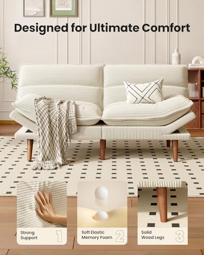 Image of Amada Convertible Futon Sofa Bed - Corduroy Loveseat with Adjustable Backrest & Armrests, Thickened Seat Cushion, Small Space Sleeper Couch for Apartment, Study Room & Office（Off-White，66 Inch ）