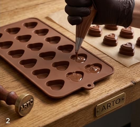 Image of ARTO 15 Cavity Heart Chocolate Mold - Deep Brown Silicone Tray for DIY Valentine Gifts | Non-Stick Candy, Jelly & Baking Mould | Oven & Freezer Safe (Pack of 1)
