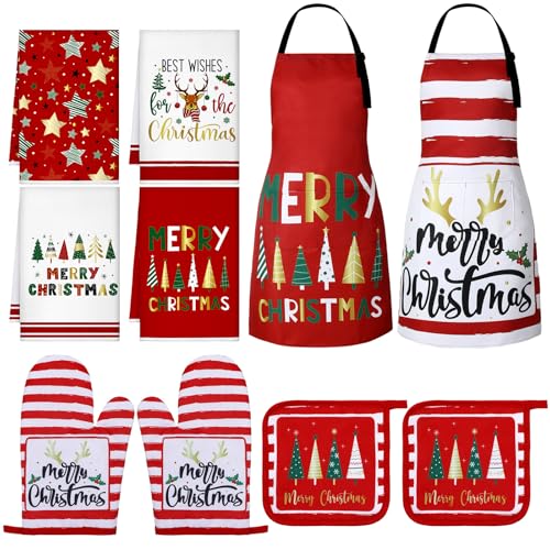 Geetery 10 Pcs Christmas Kitchen Towels Oven Mitt and Pot Holder Apron Set Tree Cotton Set Mitten Gloves Potholders Aprons Towels for Kitchen Cooking(Red Gold,Christmas)