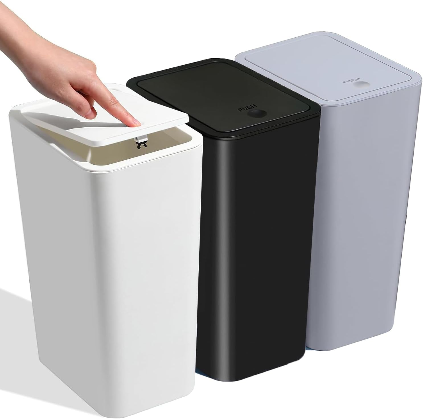 Bathroom Small Trash Can with Lid 3 Pack,10L / 2.6 Gallon Slim Garbage Bin Wastebasket with Pop-Up Lid for Bedroom, Office, Kitchen, Craft Room, Fits Under Desk, Cabinet, Sink