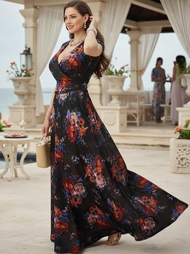 Image of KOH KOH Womens Short Cap Sleeve Summer Floral Print Long Casual Maxi Dress